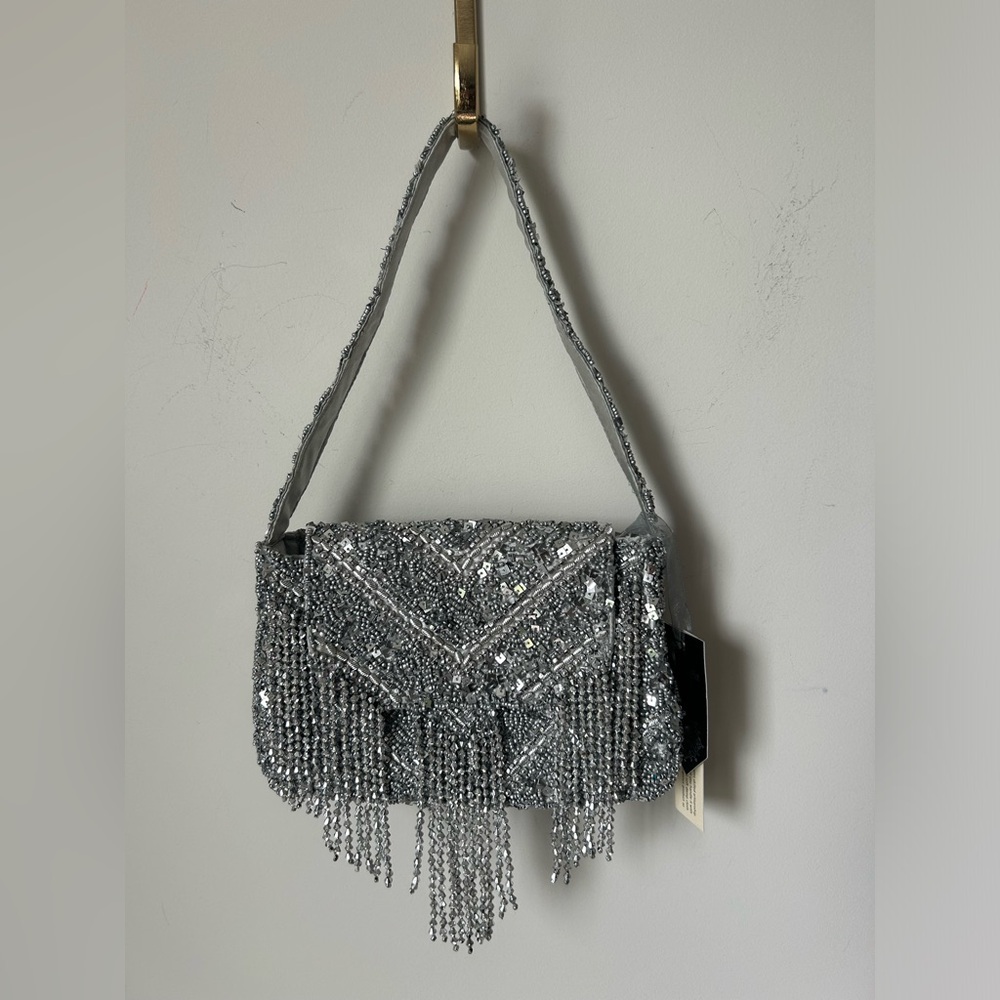 Viral Beaded silver Sequins Fringe Shoulder Bag